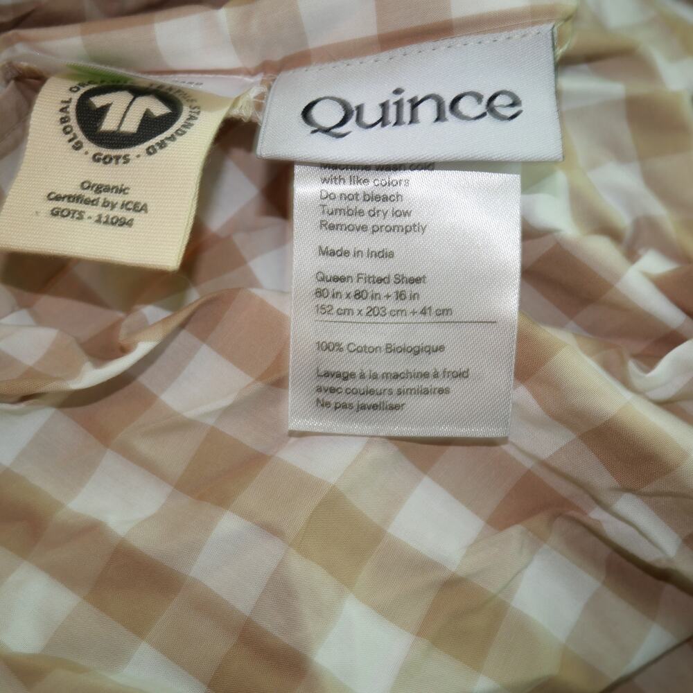 NEW Quince  QUEEN 3 Piece Crisp Percale Gingham Fitted Sheet Set Cafe Brown - Picture 6 of 7